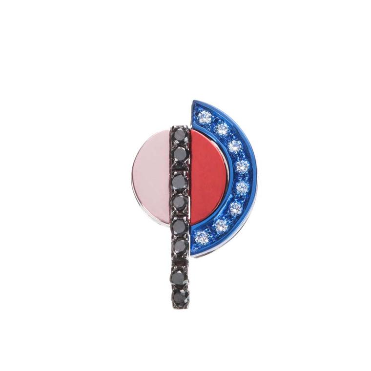 Nikos Koulis earring, from the Acrobat collection, in black rhodium, with white and black diamonds and white gold hand-painted in pink, red and blue.